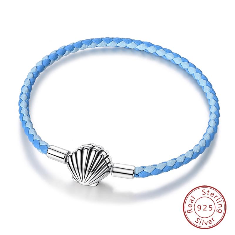Bracelet 925 Silver Charm Bracelet 17-20CM Shell Blue Leather Rope Bracelet For Women DIY Charm Jewelry Gifts