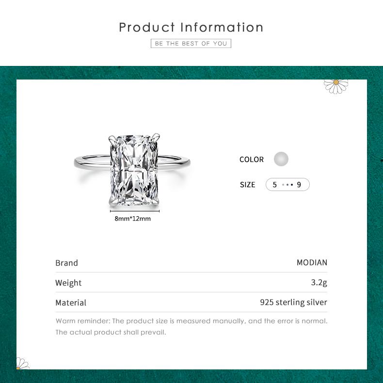 Modian Classic Rectangular Cutting Clear CZ Ring Solid 925 Silver Luxury Finger Rings For Women Wedding Fine Jewelry
