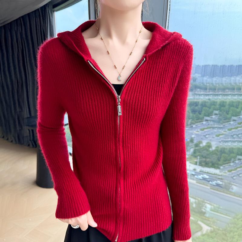 Women's Slim Fit Cashmere Wool Hooded Cardigan - 100% Pure Wool, Zippered, Autumn/Winter Knit Sweater Coat