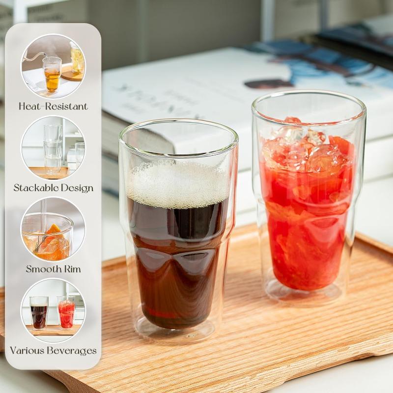 KEMORELA 473ML Double Wall Glass Tumbler 2PCS, Clear Insulated Borosilicate Glasses for Iced Coffee, Cold Brew,Smoothie Cocktail