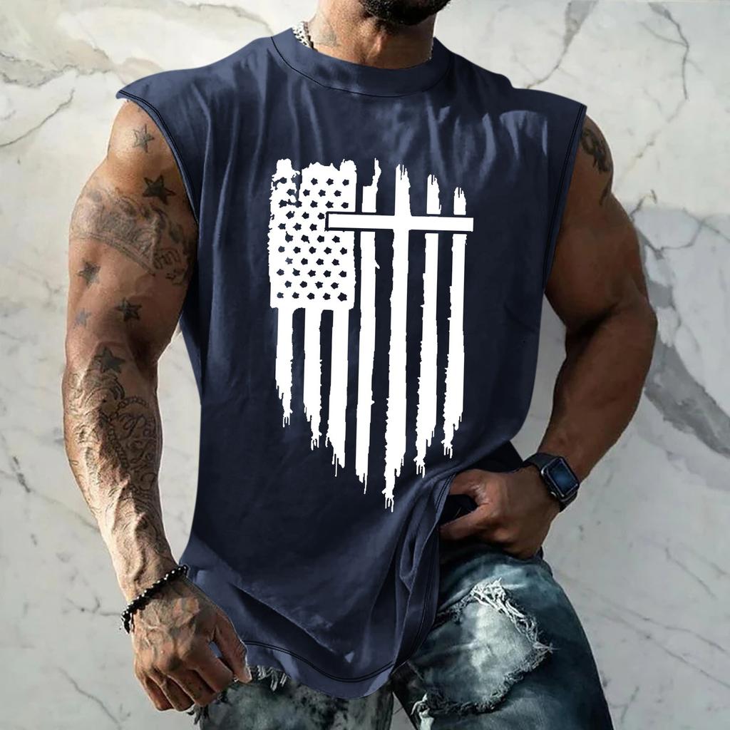 Summer Men's Solid Color Printed Sweat-absorbing Breathable Shoulder Expanding Sleeveless Vest