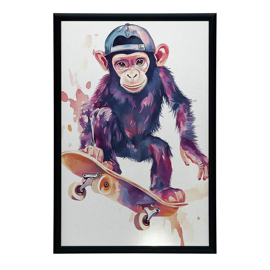 Plakat Małpi Skateboardzista Plakat Małpi Skateboardzista, 70X100 Cm, Rama Drewniana Jasny Dąb, Papier Matowy 230 Gsm