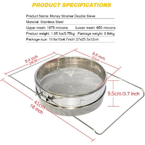 Honey Strainer Double Sieve, Stainless Steel Bee Mesh Strainer for 5 Gallon Bucket, Honey Extractor for Clean Honey with Up to 16.5 inches Extendable