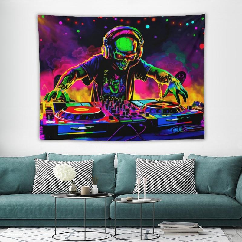 VIKAMA GlowInDark Skull DJ Tapestry  Neon Turntable Music Festival Wall Hanging For Game Room Studio Bar Decor