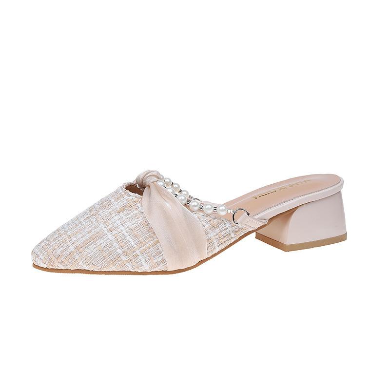 

Baotou slippers women s summer 2025 new thick heel Korean version pointed half slippers outer wear medium heel fairy sandals 40