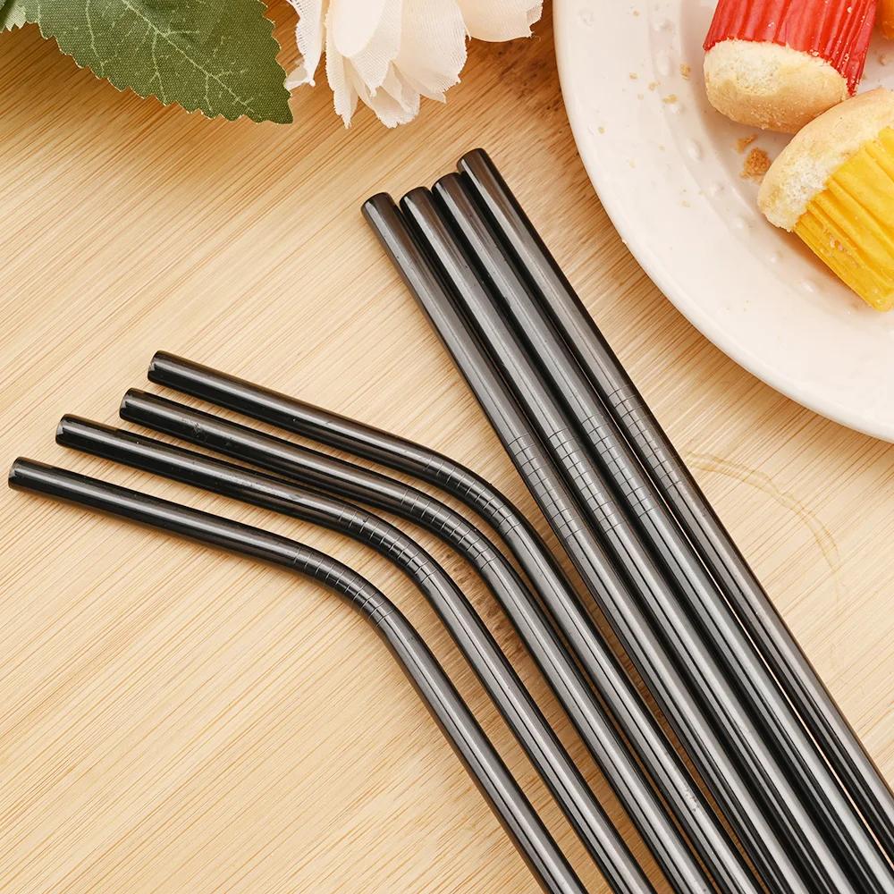 Black Reusable Metal Drinking Straws Stainless Steel Sturdy Bent Straight Drinking Straw with Cleaning Brush Bar Party Accessory