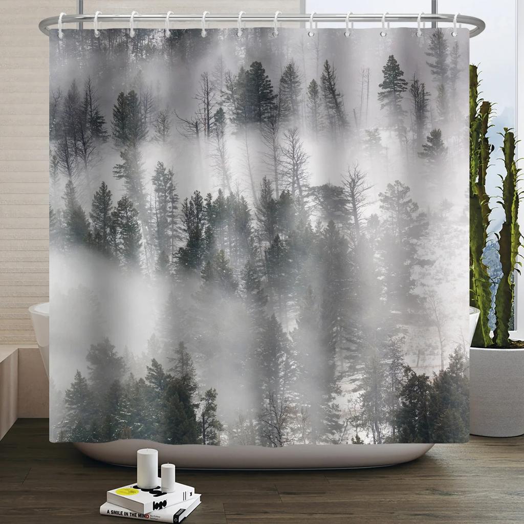 Misty Forest Shower Curtain for Bathroom Nature Mountain Tree Fog Woodland Waterproof Fabric Bathtub Shower Curtain Home Decor