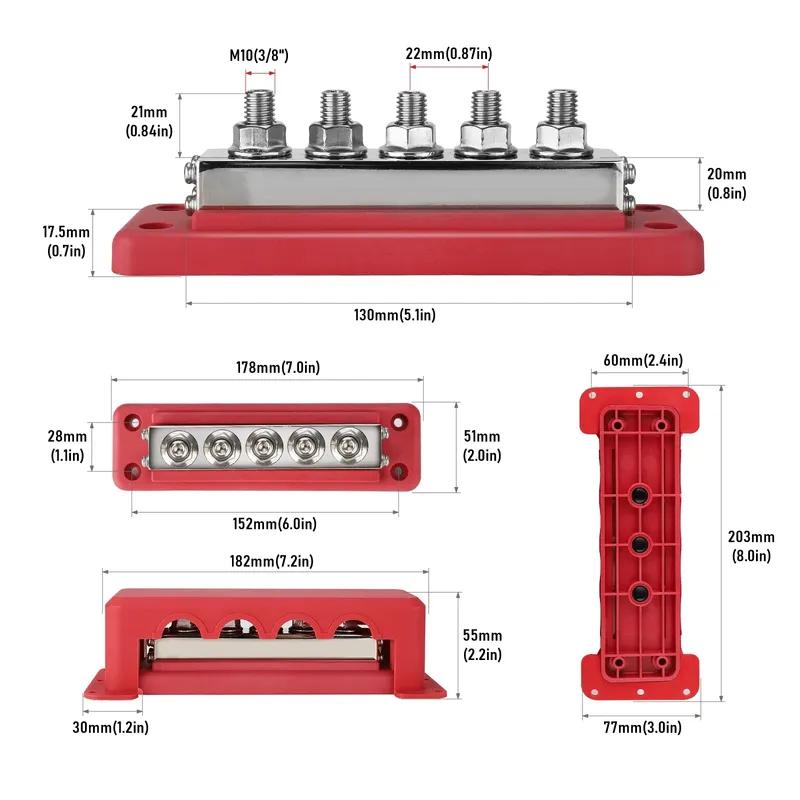 Bus Bar Terminal Block Car M10 5 Way Busbar Terminal Block Power Distribution Block For RV Car Boat Yacht Truck 600A 12V-48V DC