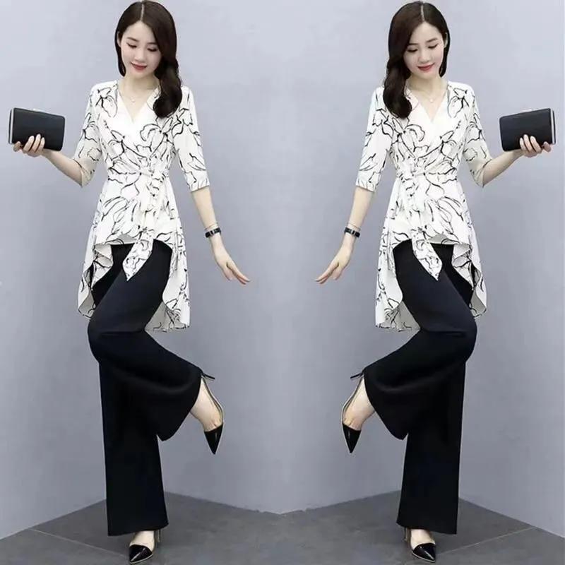 Women's Summer High-Waisted Drape Set: Mid-Sleeve Chiffon Blouse + Wide-Leg Pants—An Elegant Two-Piece Set