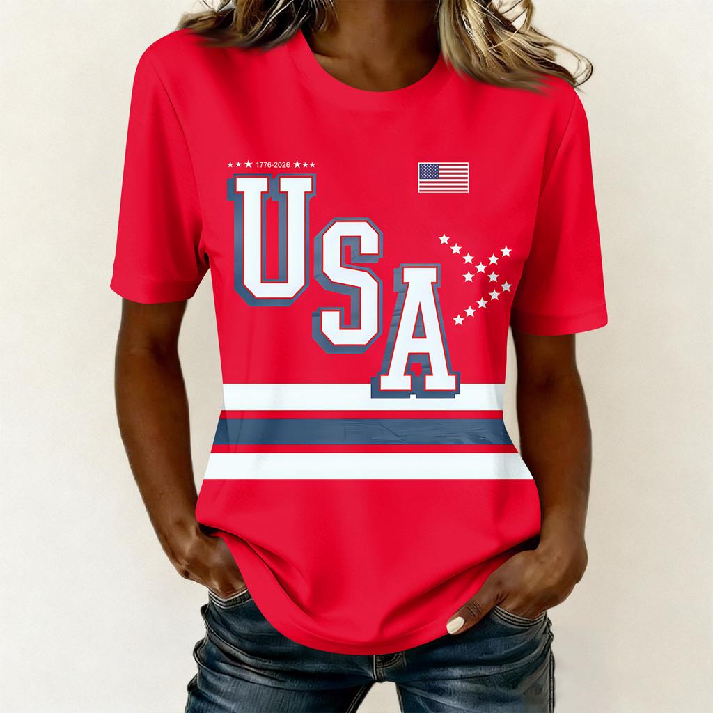 Camiseta feminina casual estampada gola redonda pulôver manga curta top