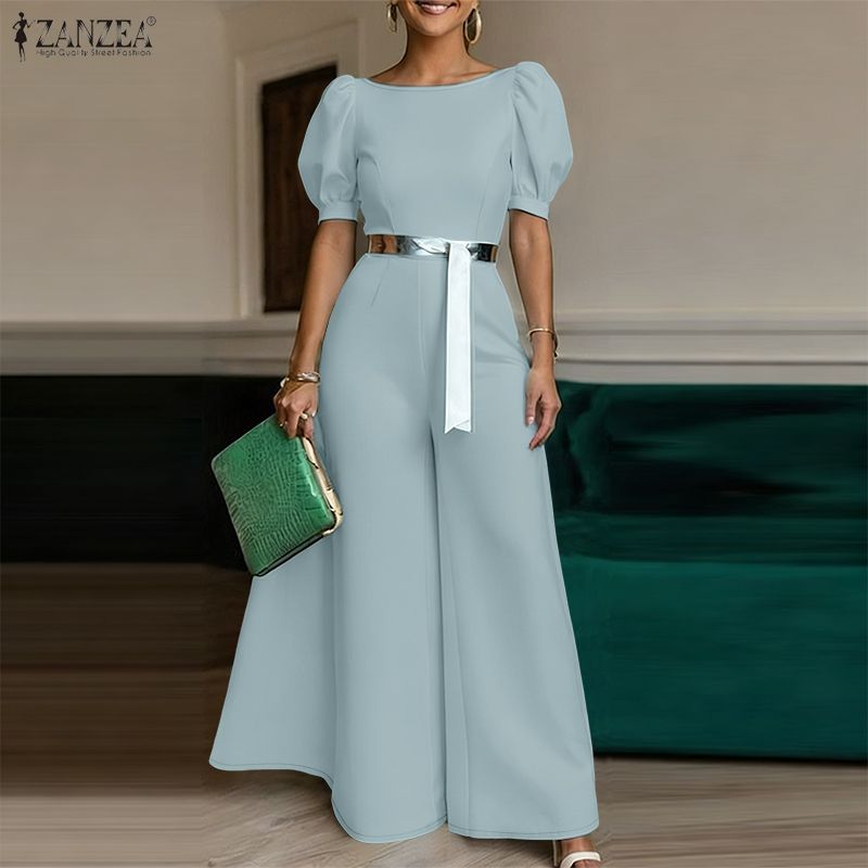 ZANZEA Damen Freizeit Rundhals Kurzarm Weitbein Jumpsuits