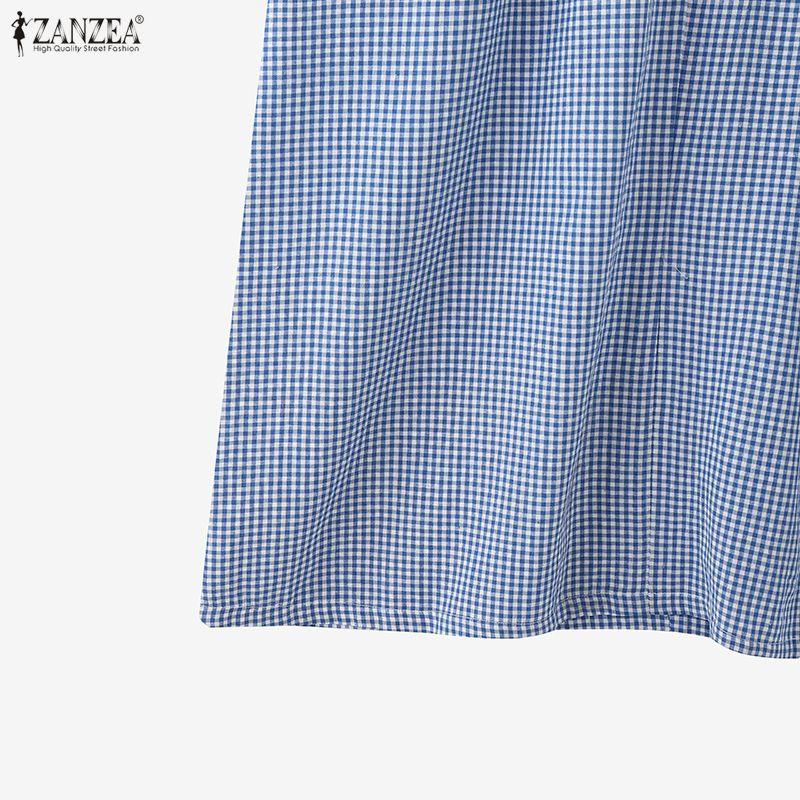ZANZEA Women Casual V-Neck Loose Half Sleeve Grid Print Long Dress