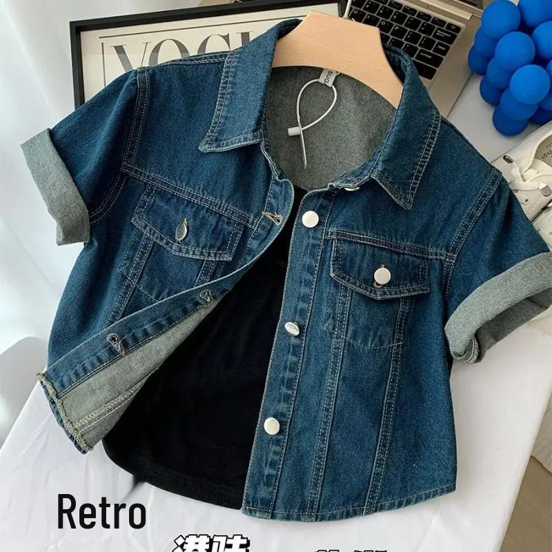 Корейская шикарная ретро джинсовая куртка с воротником - Короткий рукав, Повседневная и свободная посадка для женщин Medium синий