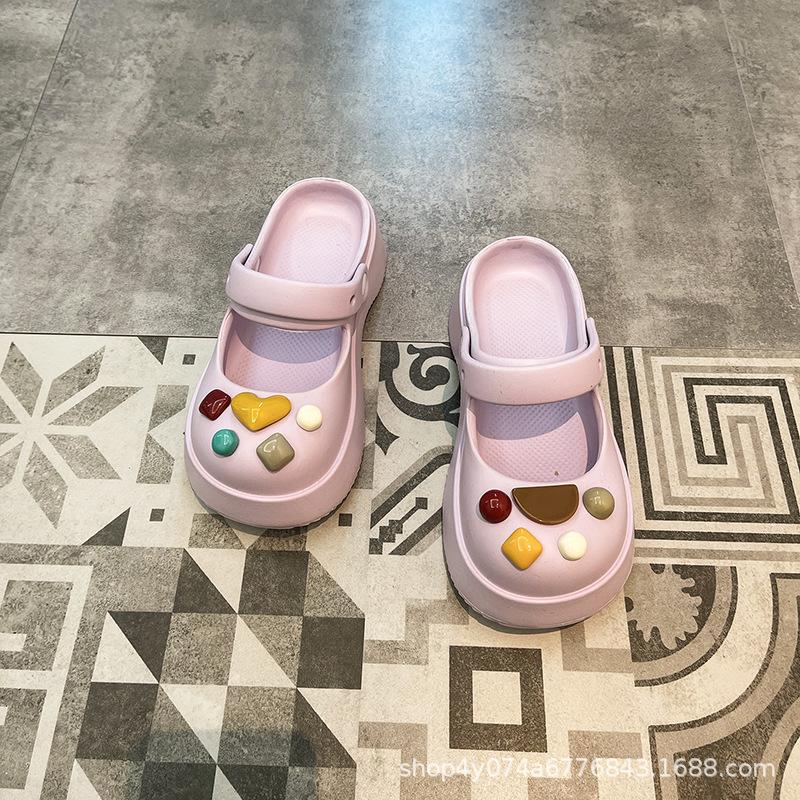 Mary Jane Slippers Women's Summer Wear Non-slip Thick-soled New Hole Shoes Bag Head Half-drag Sandals