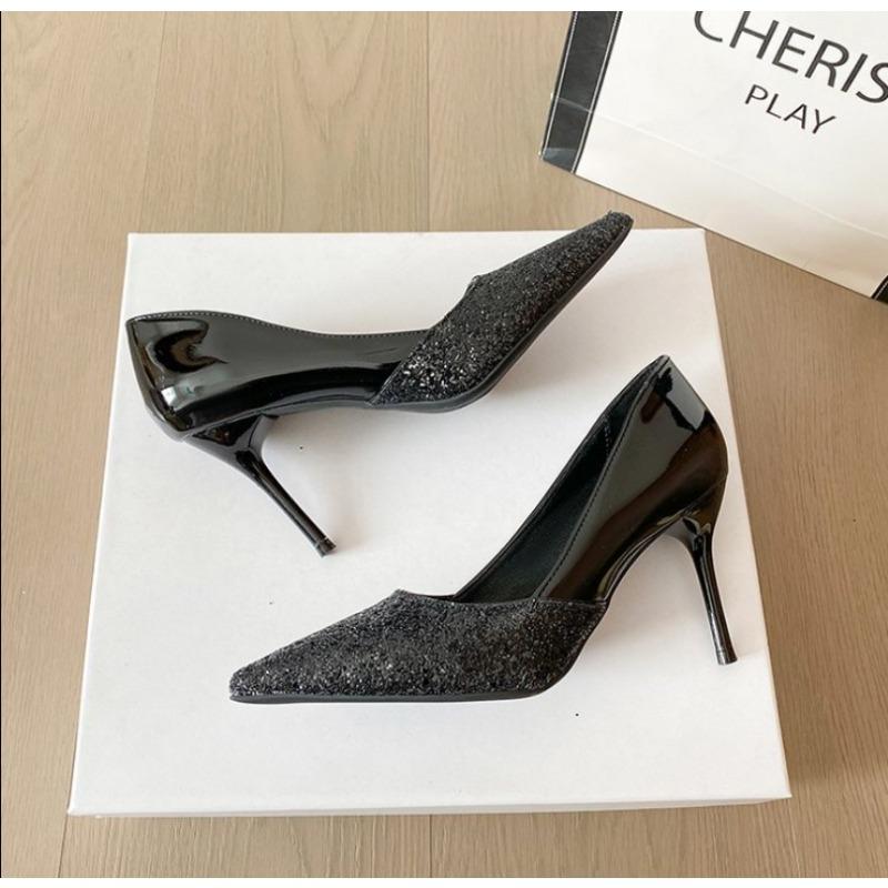 Fashion 2025Glitter pointy high-heeled pumps with slim heels fashion single shoes to match the party shoes