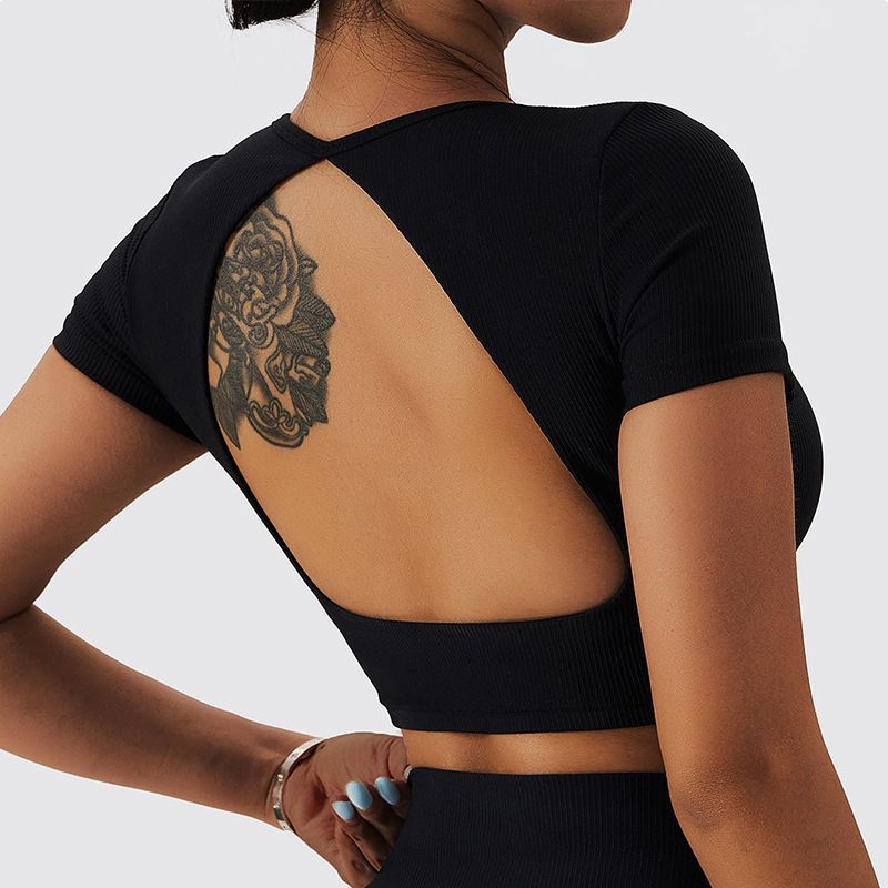 

Топ для йоги с вырезом для груди, с красивой спинкой, 2025 новинка, одежда для тренировок для женщин, онлайн-инфлюенсер, пилатес, короткий рукав Advanced Black S