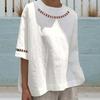 O-Neck pół rękawa damska bluzka drążą koronkowe szwy luźny krój cienka jednokolorowa koszula retro Top Streetwear