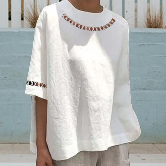 O-Neck pół rękawa damska bluzka drążą koronkowe szwy luźny krój cienka jednokolorowa koszula retro Top Streetwear
