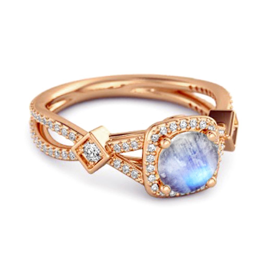 Moonstone Vintage Halo Art Deco Ring - 925 Sterling Silver Rose Gold Vermeil