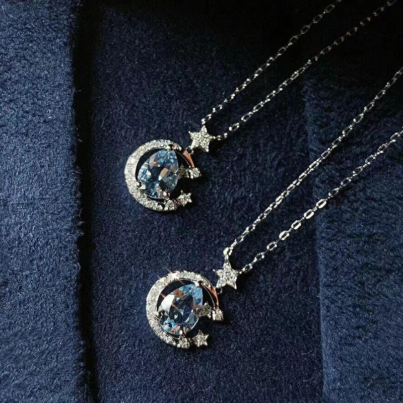 Sterling Silver Aquamarine Starry Sky Necklace – Blue Stars and Moon Clavicle Chain for Women