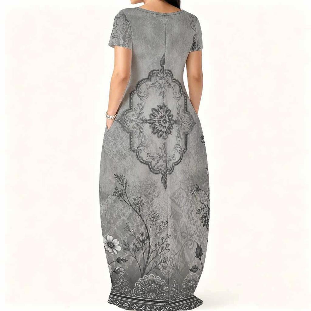Women Plus Size Round Neck Short Sleeve Floral Printed White Maxi Dress With Side Pockets