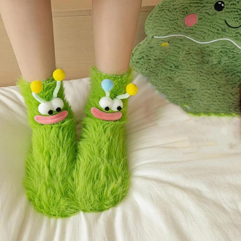 Cute Ugly Big Eye Funny Fleece Floor Socks  Coral Velvet Thickened Warm Plush Socks Autumn And Winter Home Socks