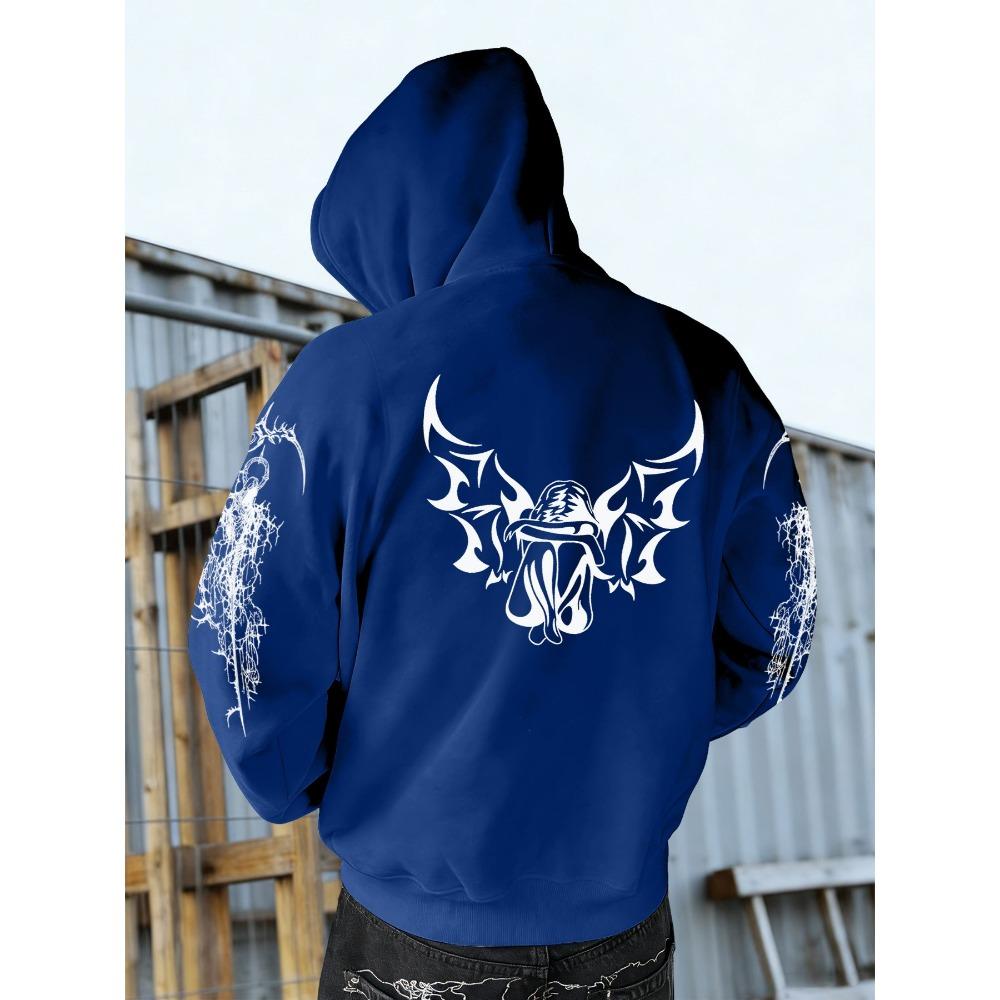 Autumn Winter Trendy Men's Vintage Streetwear Hooded Sweatshirt with Gothic Design, Featuring Demon Wings and Thorns Print on the Back