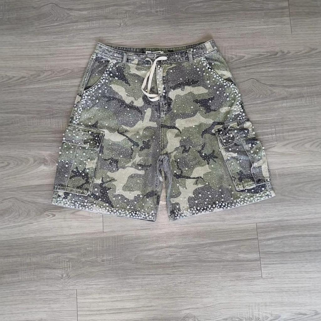 Street Hot Drill Full Diamond Denim Shorts European and American Heavy Industry Old American Retro Loose Straight Five Points