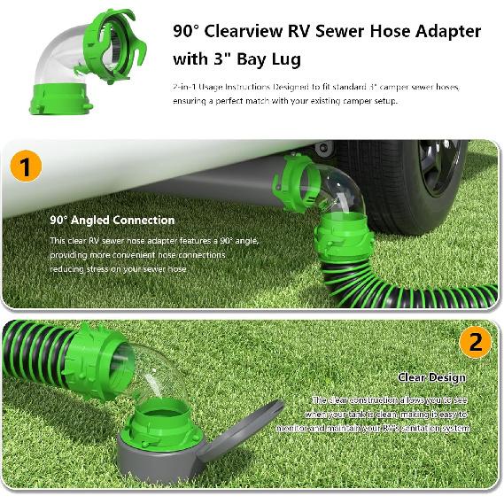 Clear 90 Degree RV Sewer Hose Elbow with Adapter - Removable 6-in-1 Fittings - Fits 4 Sizes of Dump Station Inlets (90° -Elbow Adapter)