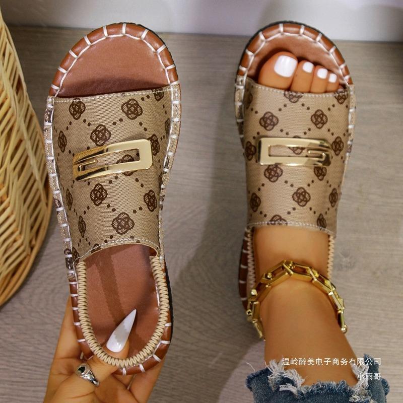 Large-sized Buttoned Fabric One-line Sandals Women's Summer Elastic Flat Shoes, Embroidered Beach Flip-flops