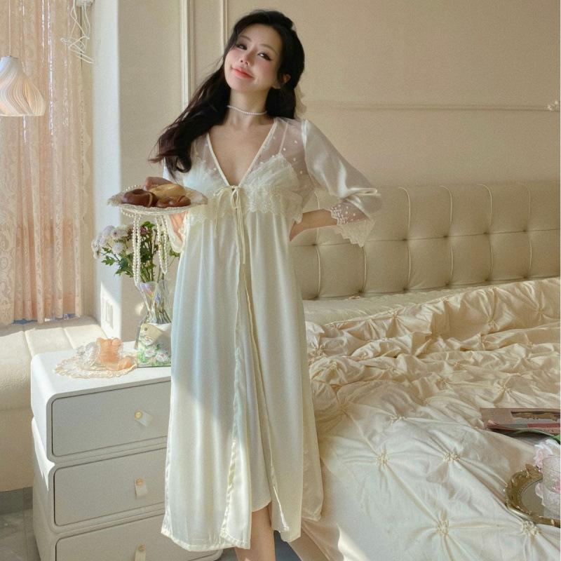 1011 summer new ice silk pajamas women's French nightgown robe two-piece set pure desire style sexy loungewear set