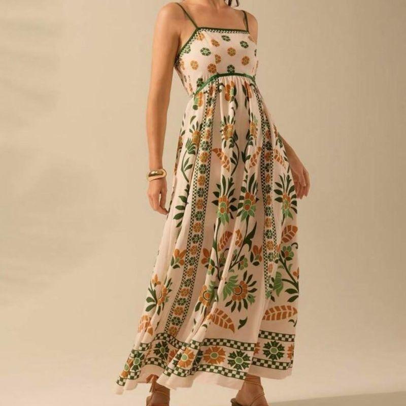 Printed Dress 2025 European and American Summer New Vacation Foreign Trade Women clothes Flowers Print Sling Dress