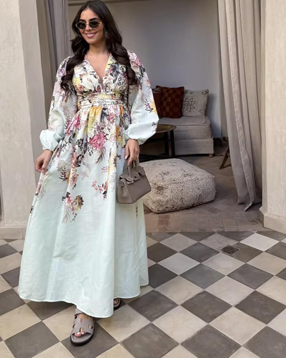 

Трансграничная европейская и американская женская мода: Платье с принтом и воротником-стойкой, с оборками, свободного кроя и на кулиске Small