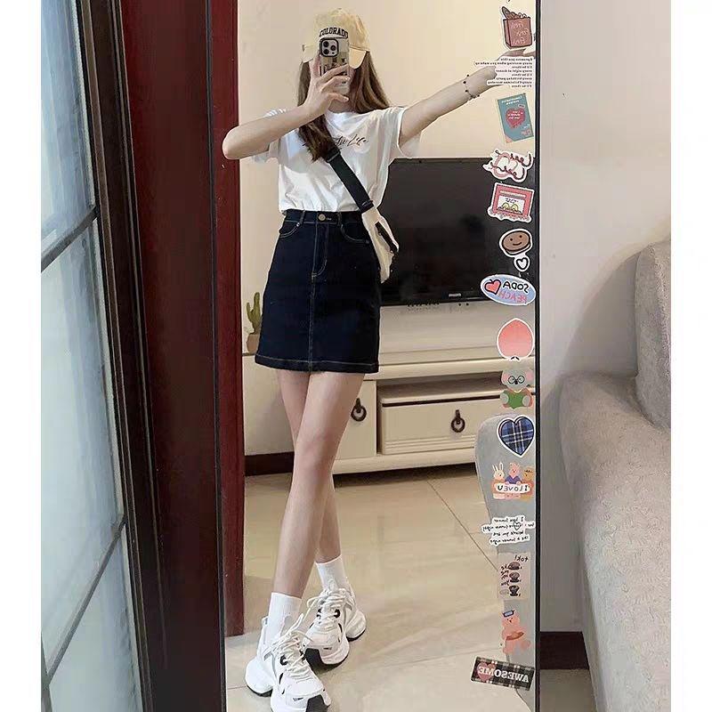 

Summer Hong Kong Style Loose Petites T-shirt & High-Waisted Denim Skirt Set S (Recommended 40-45kg)