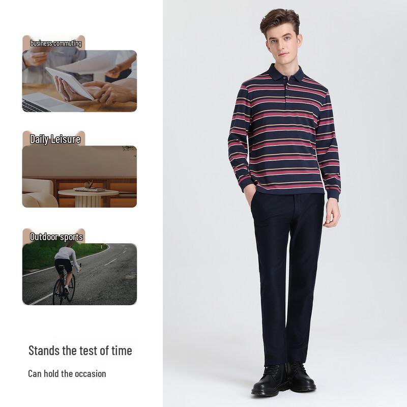 Langdeng Men's Silky Soft Striped Long-Sleeve Polo Shirt