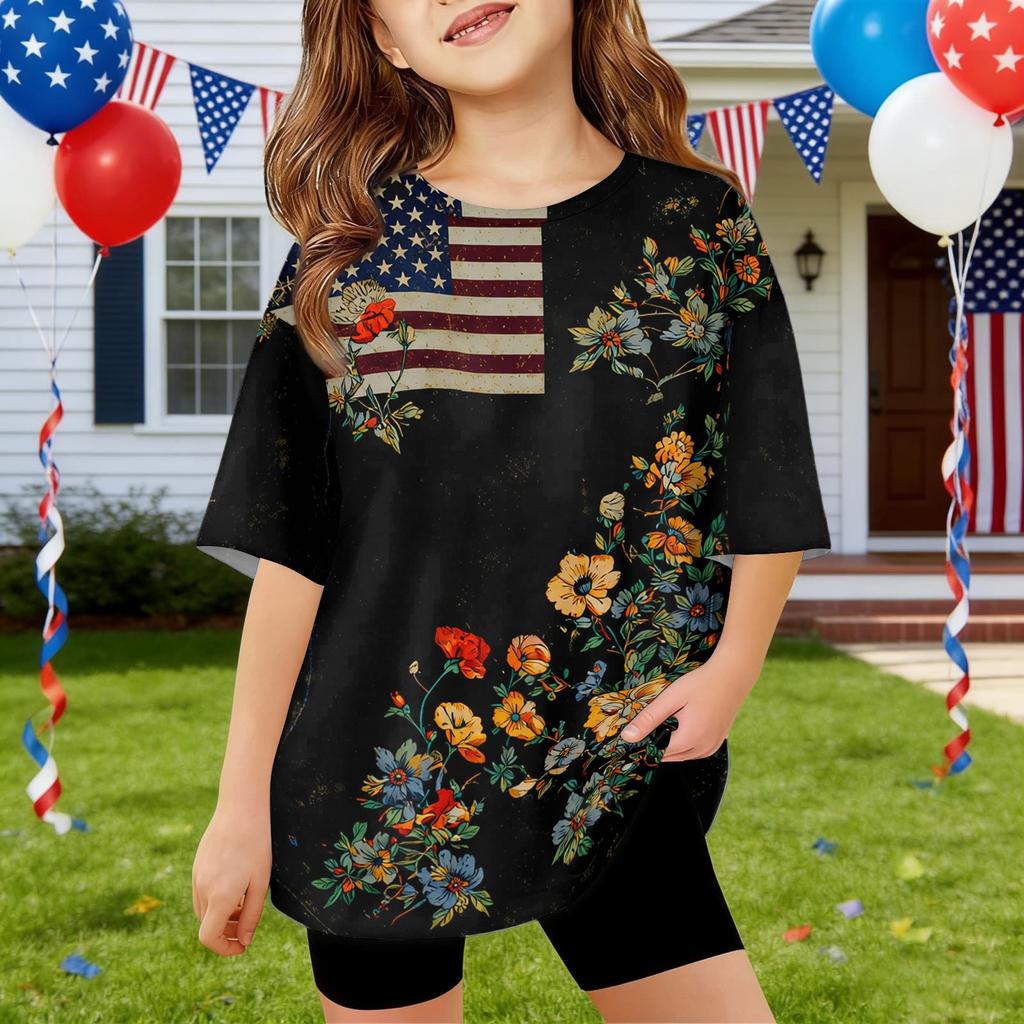 Kids Independence Day Print Round Neck Short Sleeve Casual T-shirt