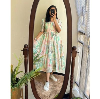 Women Designer Printed Cotton Midi Gown Kurta Party Wear Top Tunic Kurti Dress