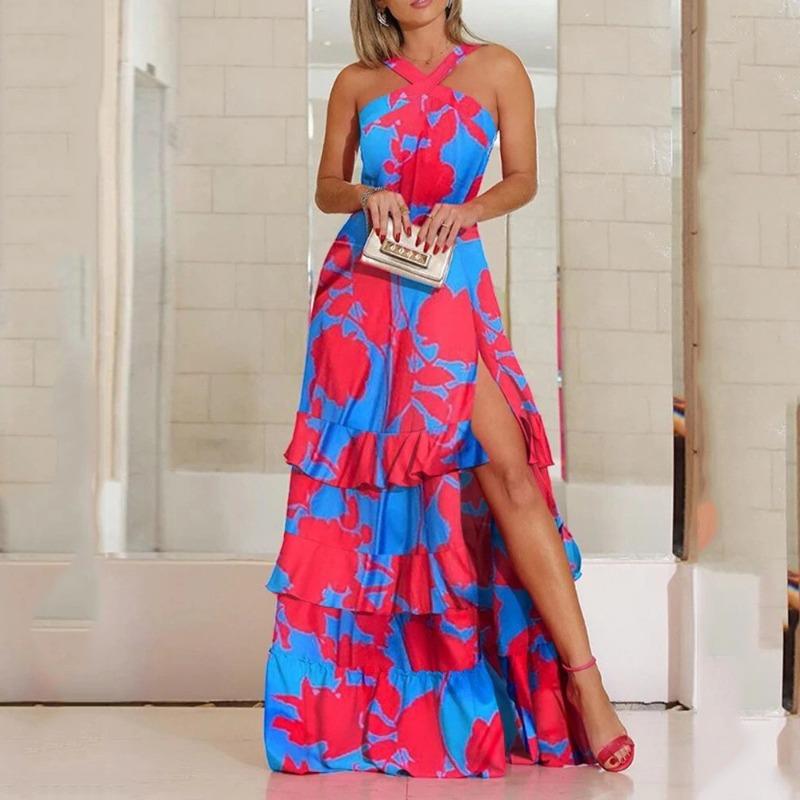 Summer New Suspender Dress Bohemian Dress Printed Collar Sleeveless Dress S синий