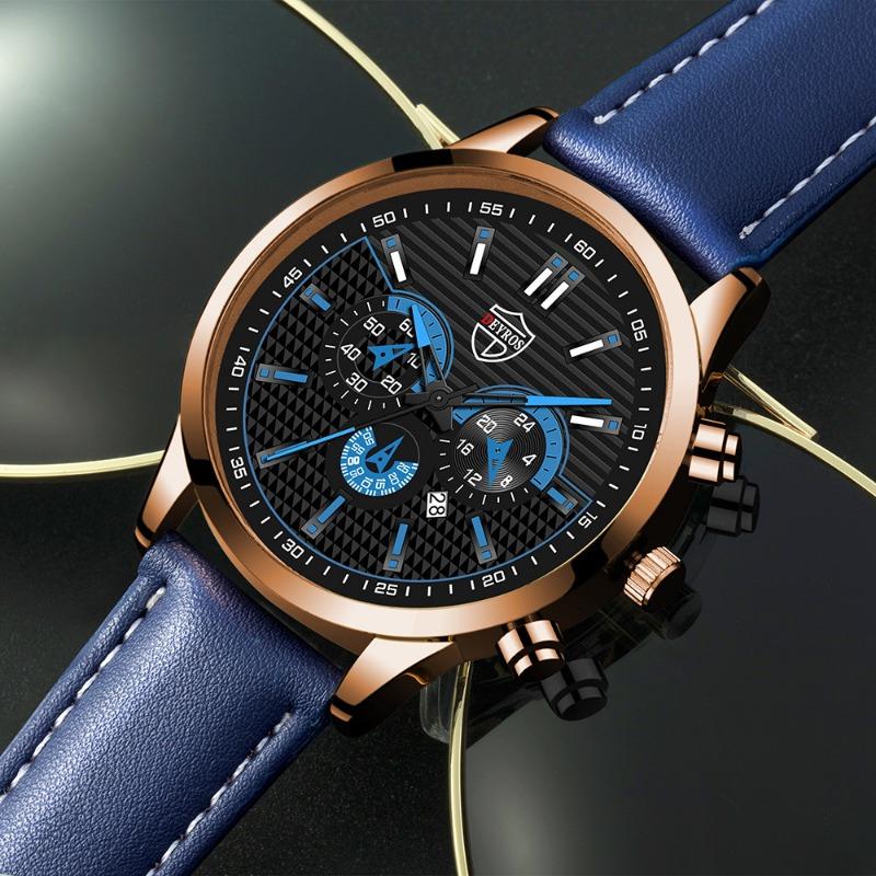2PCS Set DEYROS Fashion Men's Watch Business Men's Leather Strap Calendar Watch Casual Men's Quartz Watch Men's Gifts