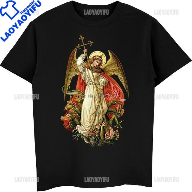 St Michael The Archangel Destroy The Devil Catholic Christians Gift Printed T Shirt Vintage Unisex Breathable Top Casual TShirt