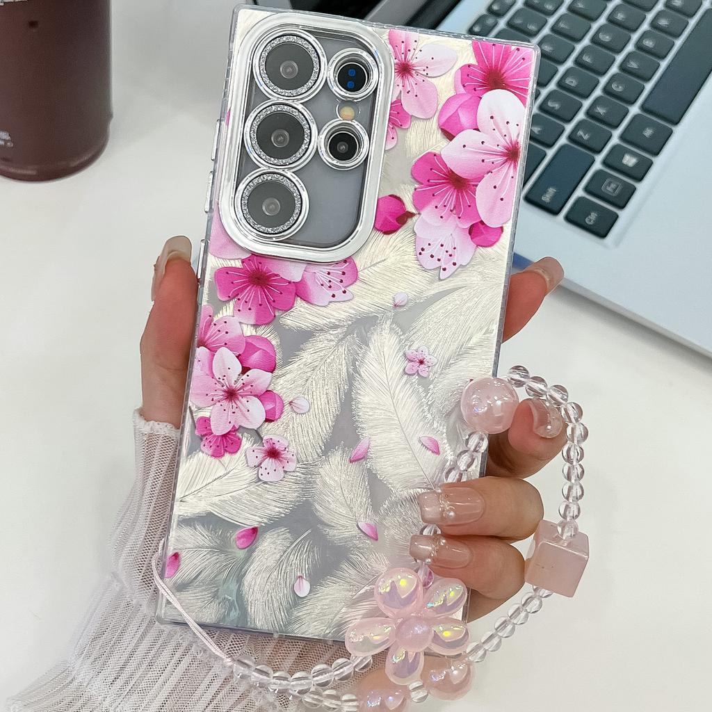 Suitable for Samsung S25 Ultra Mobile Phone Case Electroplated Flower and Grass S24FE with Bracelet Flash Powder Lens Film A56 Protective Case