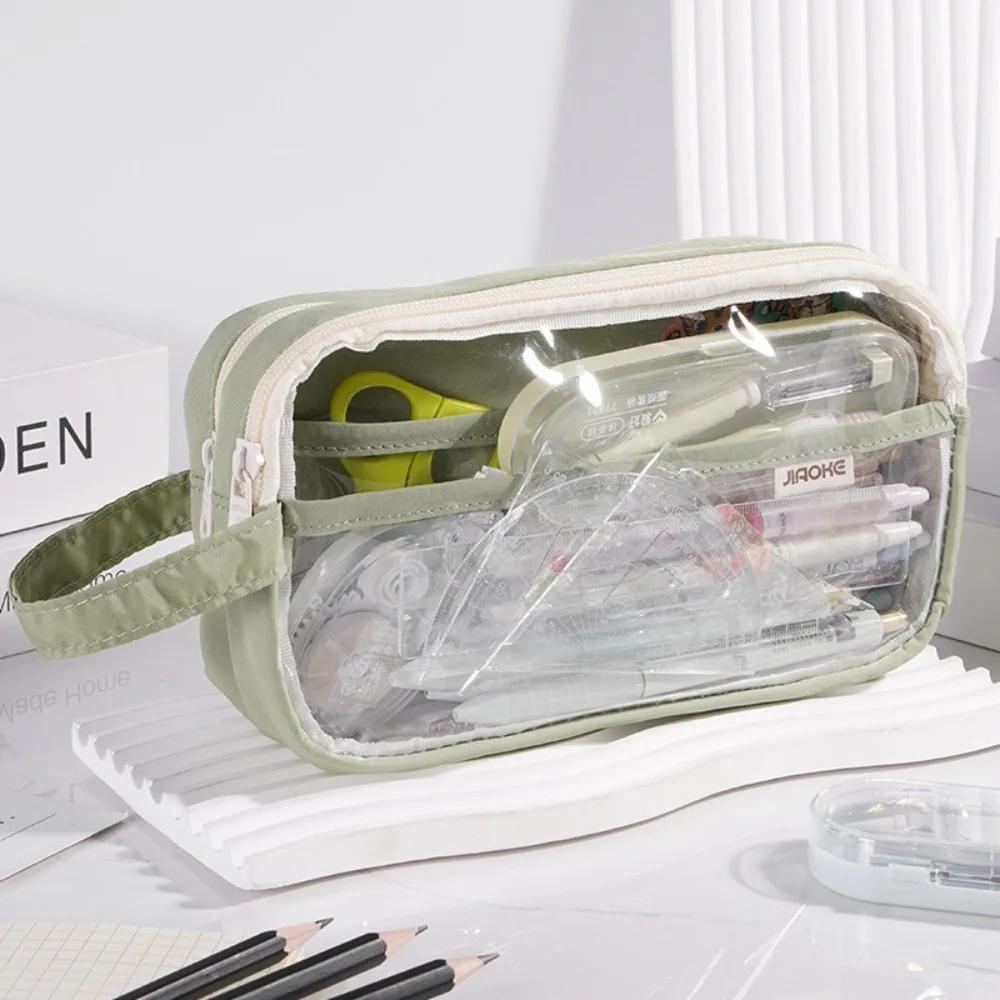 Korean Transparent Pen Bag Large Capacity Waterproof School Stationery Bag Solid Color PU Cosmetic Pouch School Supplies