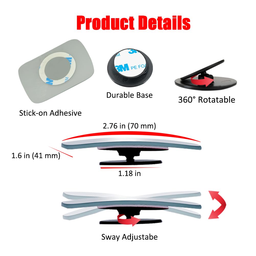 Ampper Car Auxiliary Mirror, Lane Change Mirror, Rear Viewing, 360° Angle Adjustment, Side Mirror (Rectangular, 4 Pieces)