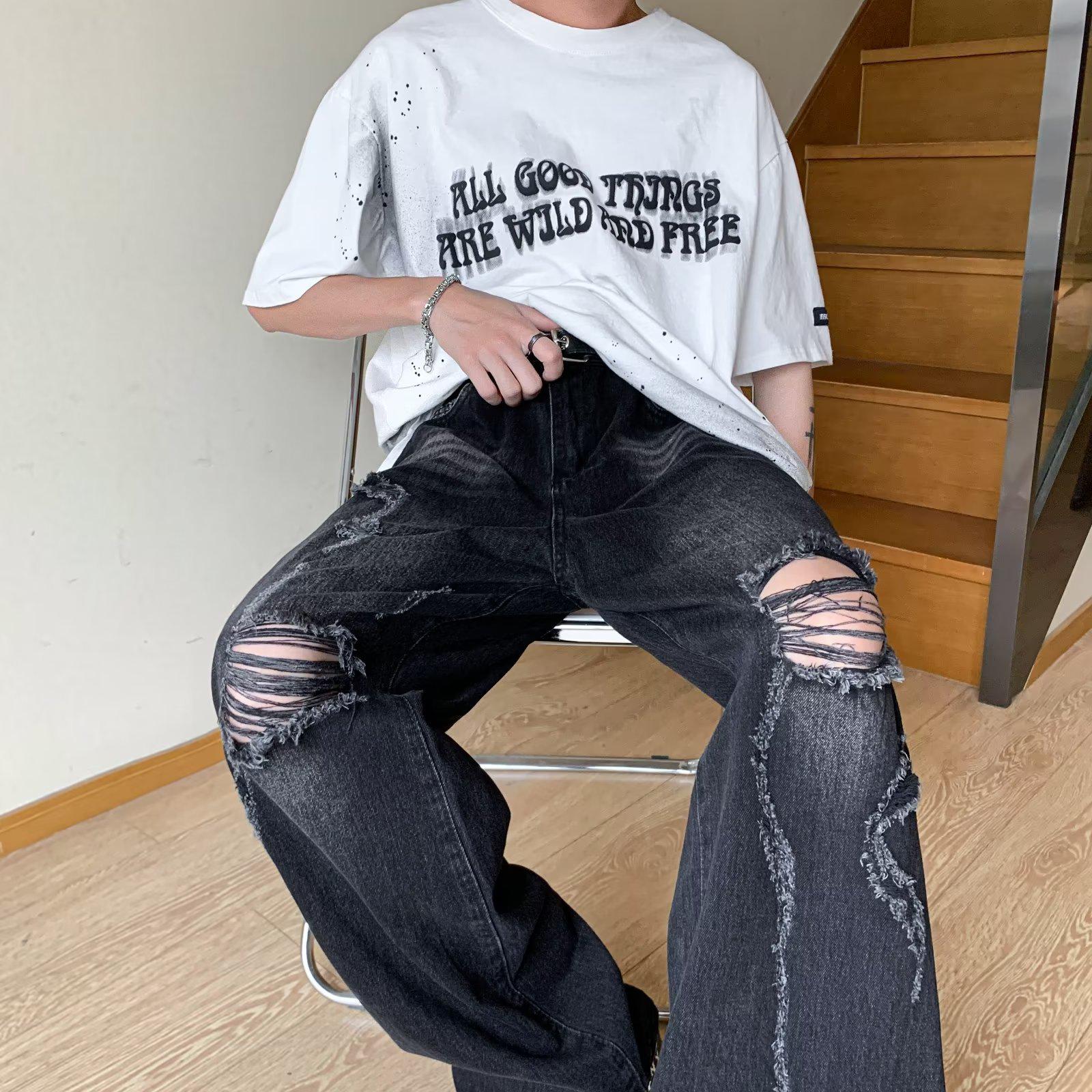 

Мужские ретро-выстиранные рваные джинсы: Свободные прямые брюки Summer Vibe L чёрный