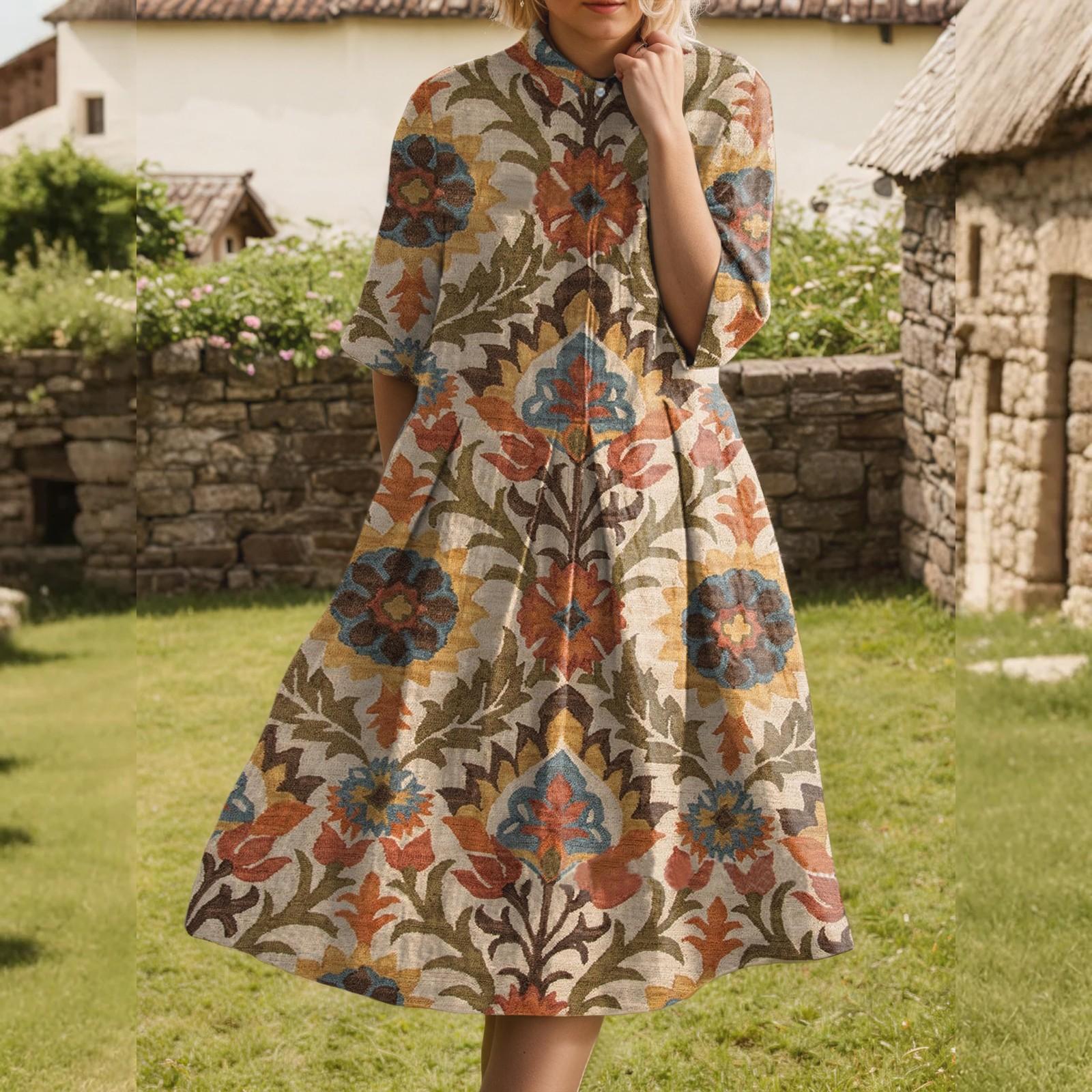 

Dress For Women Elegant Casual Smocked Button Lapel Short Sleeve Knee Length Dress M коричневий