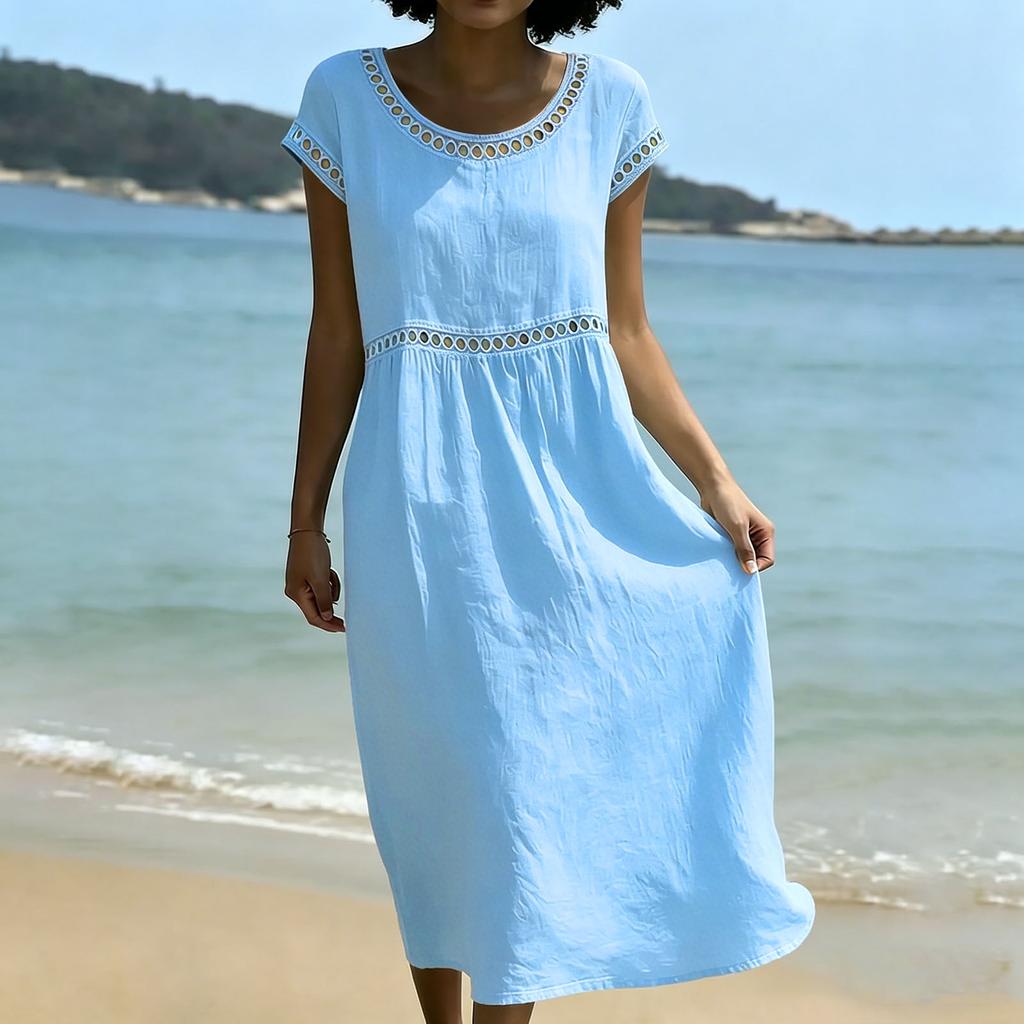 Women Casual Embroidered Trim Round Neck Midi Dress Cotton Linen Short Sleeve Loose Fit Summer Style Comfortable