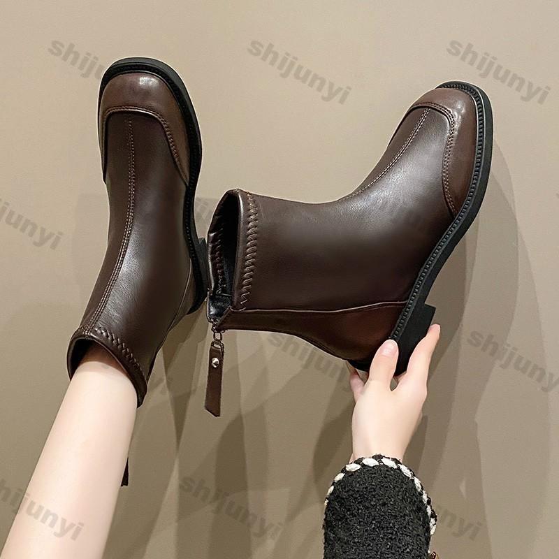 Fashion Women Platform Ankle Boots British Style Fashion Back Zipper Soft Leather  Chelsea Boots Woman Autumn Thick Sole Short Booties