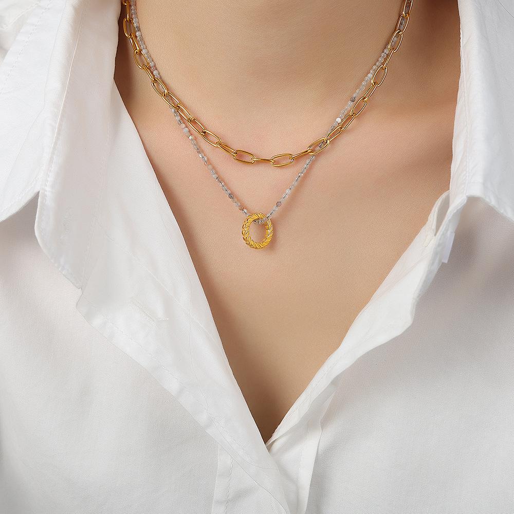 Fashionable Niche Titanium Steel Gold-plated Ring Pendant Handmade Bead Double Layered Necklace Jewelry for Women