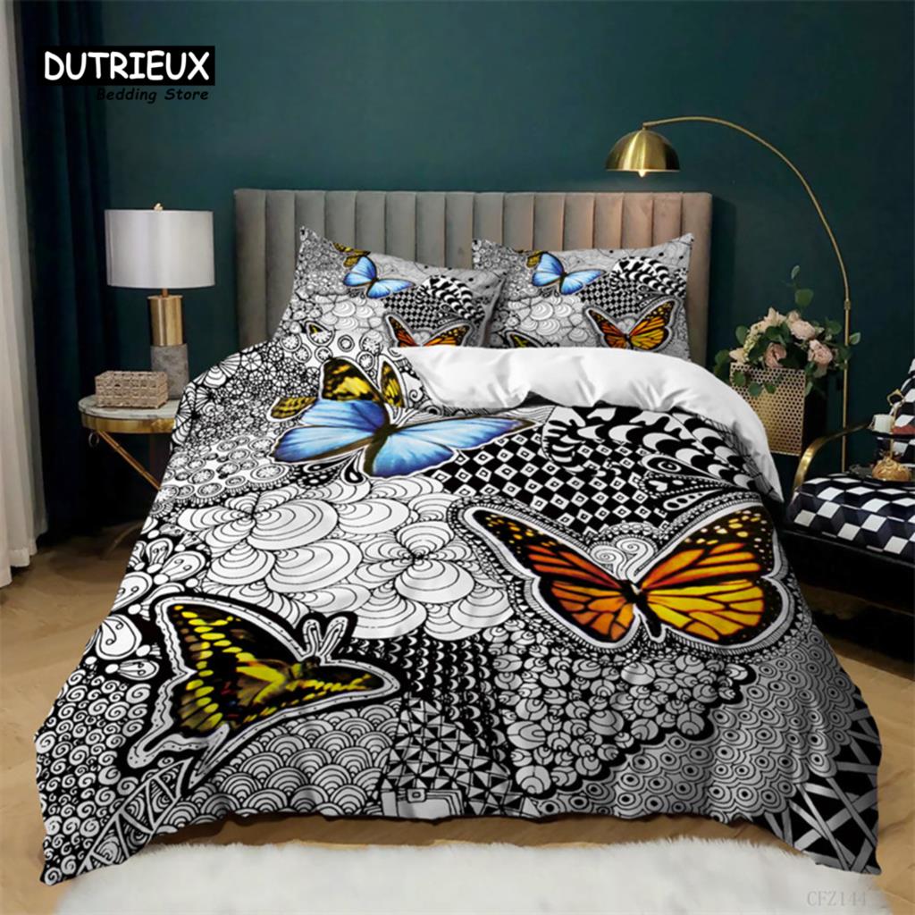 Butterfly Duvet Cover Europe Geometric Moth Bedding Set Queen Size For Kids Boys Girls Teens Mystic Fantasy Room Dorm Decorative