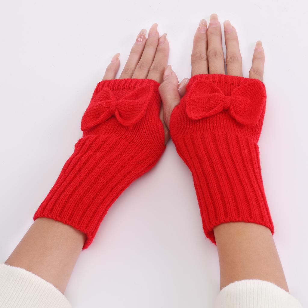 Warme und stilvolle Damen-Halbfinger-Strickhandschuhe mit Schleifendekor für Outdoor-Sportarten wie Skifahren und Radfahren